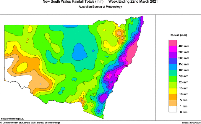 NSW rainfall total, week ending March 22, 2021